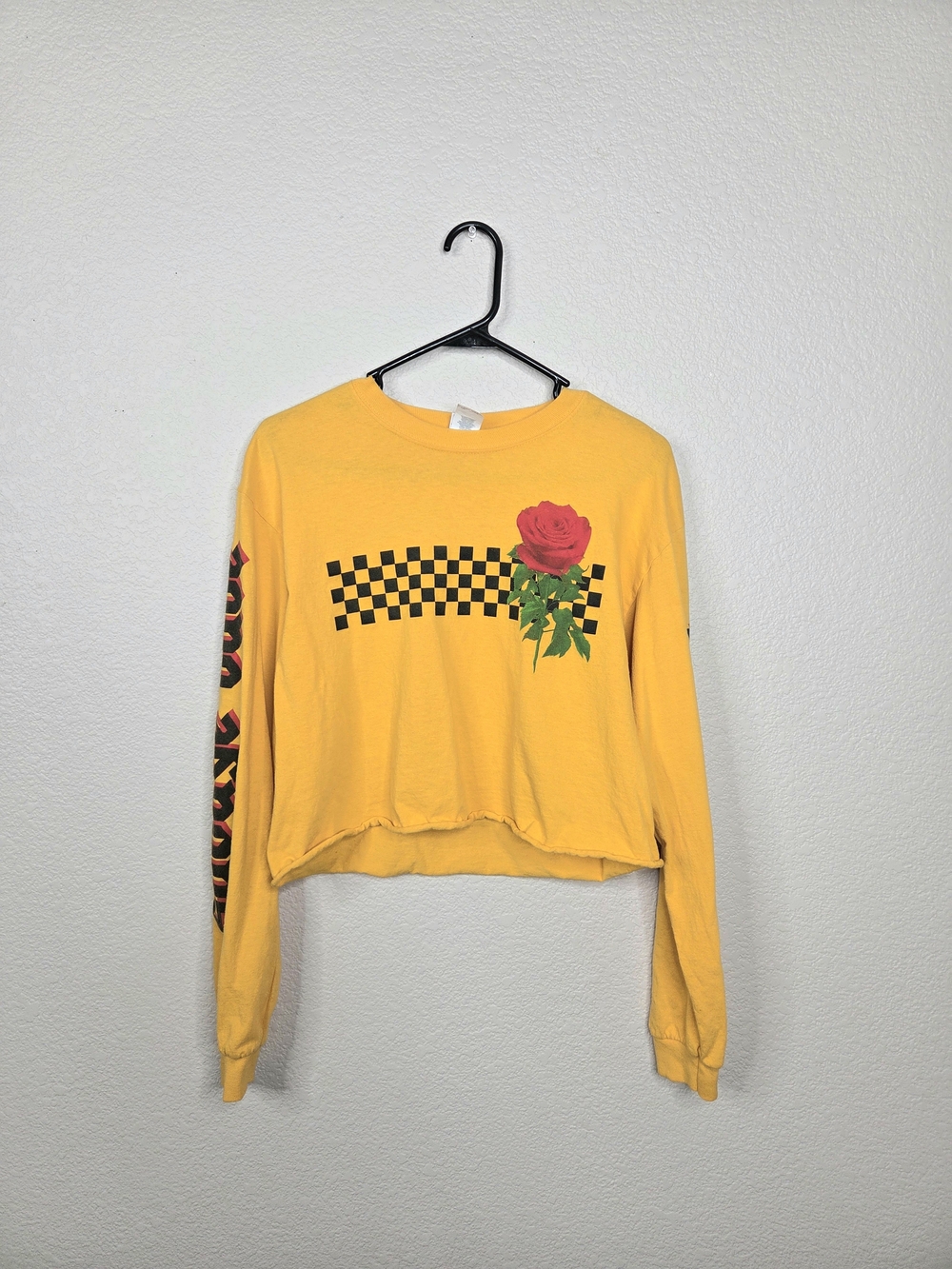 100% Cotton Gildan Yellow Cropped Long-Sleeve Tee with Red Rose & Black Checker